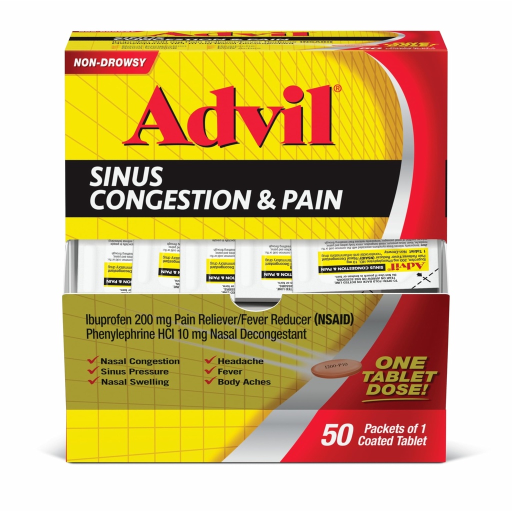 Advil Sinus congestie și durere, Sinus Reliever medicament, Reliever durere și Reductor de febră cu Ibuprofen și Fenilephrine HCl - 50 comprimate filmate