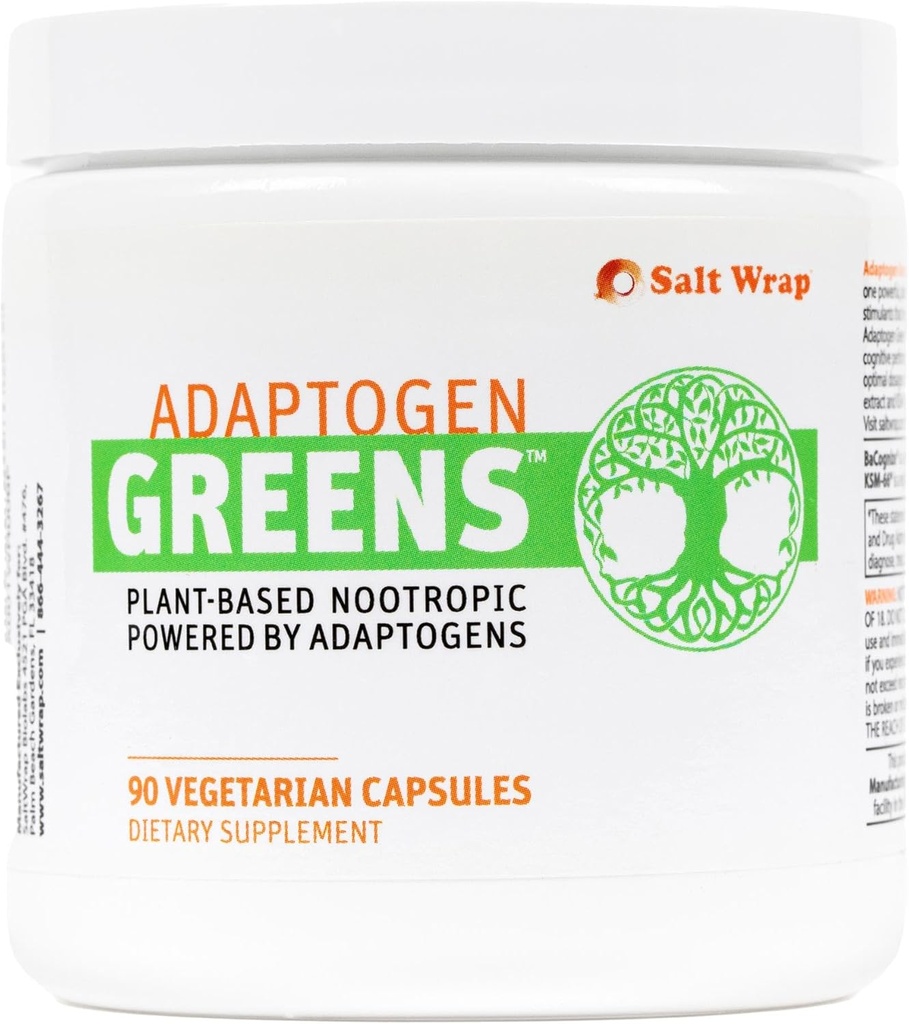 SaltWrap Adaptogen Greens - Mind-Body Resilience Formula - Nootrop fără cofeină pentru stres, concentrare și performanță cognitivă - 90 capsule