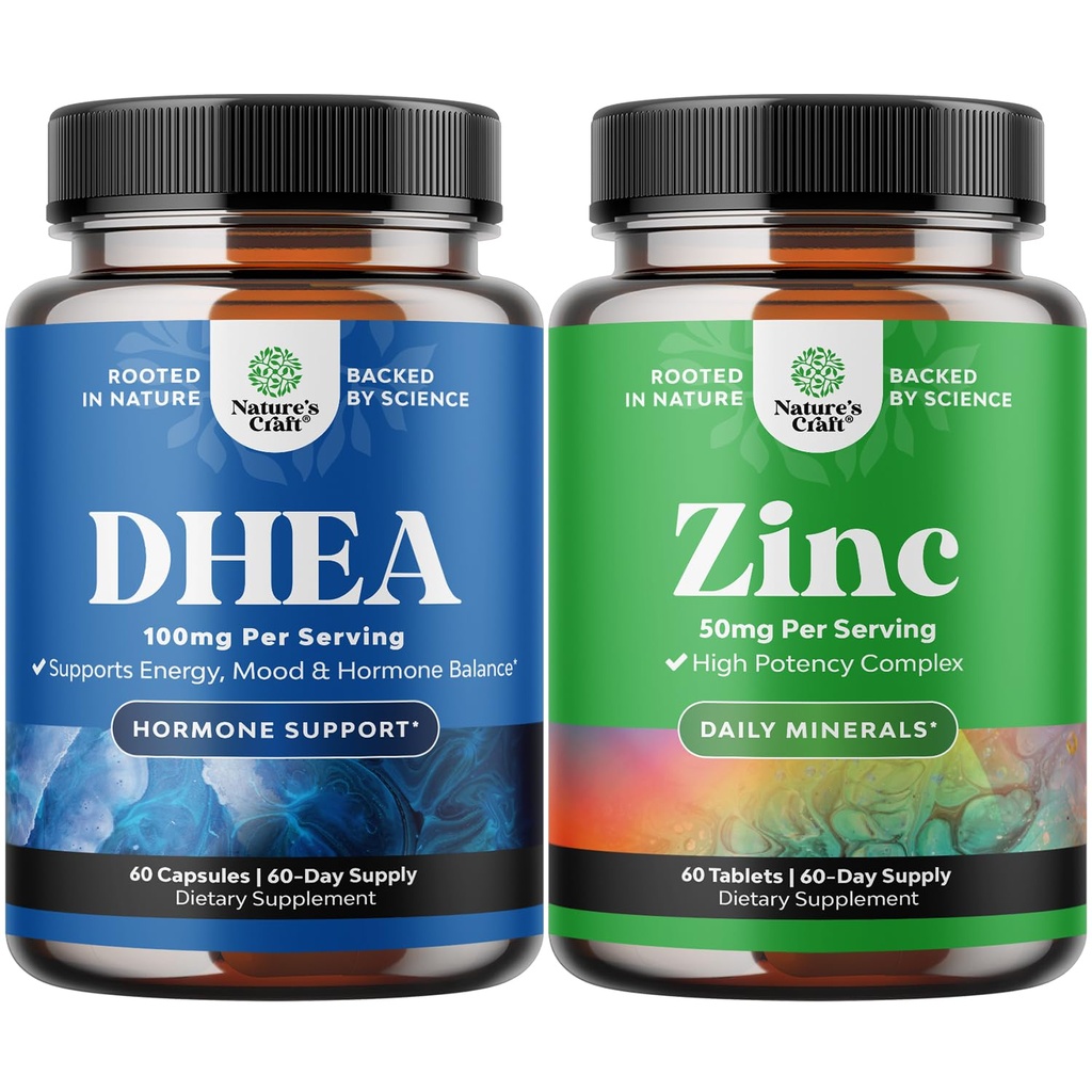 Bundle de DHEA pure și pure supliment de zinc - DHEA suport tiroidian pentru femei Asistență imună Sănătate osoasă și suport de spirit - Sistem imunitar de zinc Booster pentru Boost Mood Heart Health