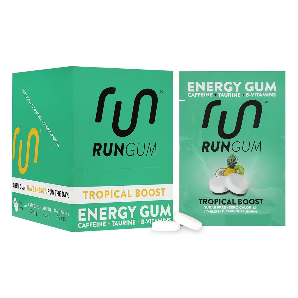 RUN GUM Boost Tropical Energy Chewing Gum 50mg Cafeina Taurina & B-Vitamina Per Piece, 24 Piese (Pachet de 12) Zahăr liber, Zero Calorie, Nu Aspartame, și Gluten Free, 1 ea