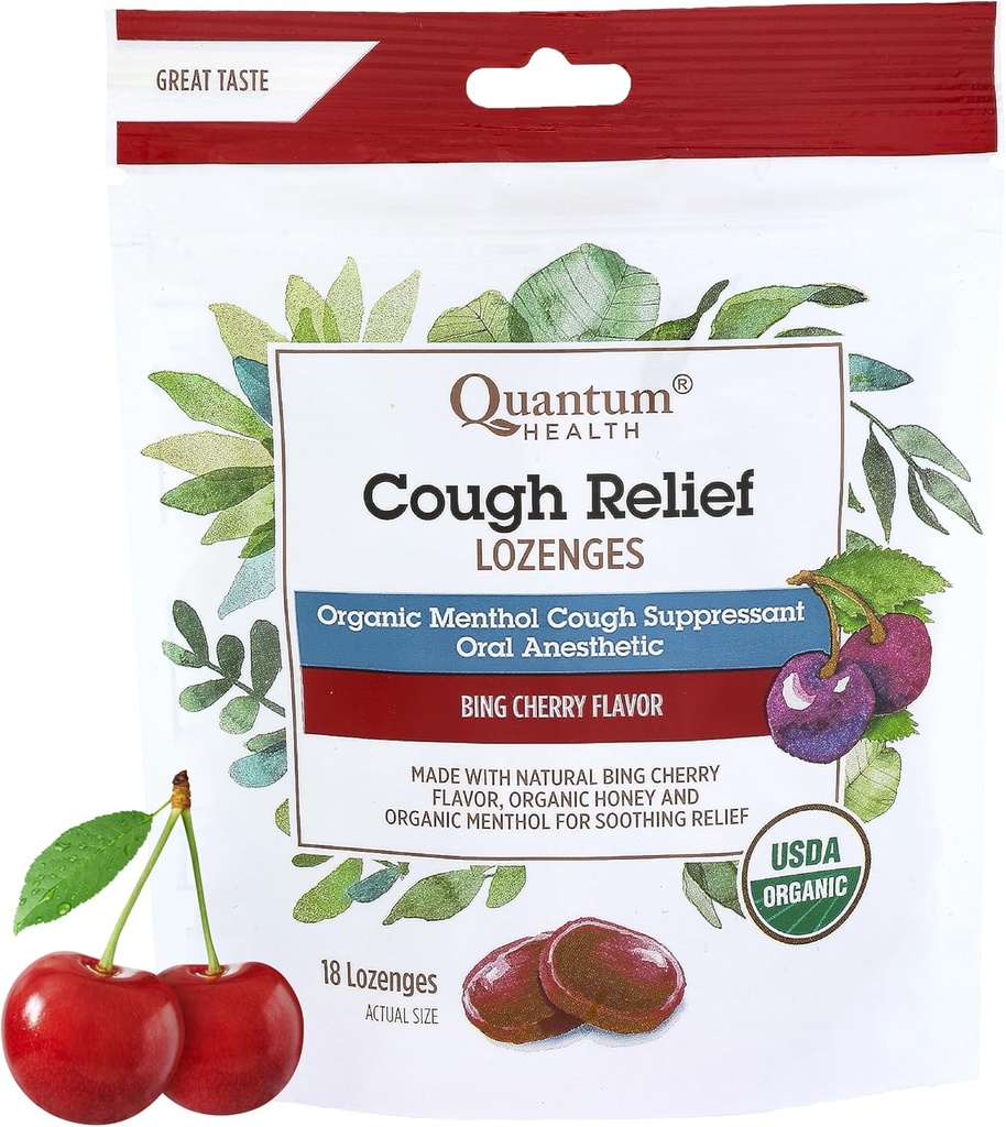 Quantum Health USDA Organic Cough drops Mentol & Honey Throat Lozenges - Soothing Bing Cherry Flavored Suppressant - Dry Mouth & Sore Throat Relief pentru adulți și copii - 18 Conte