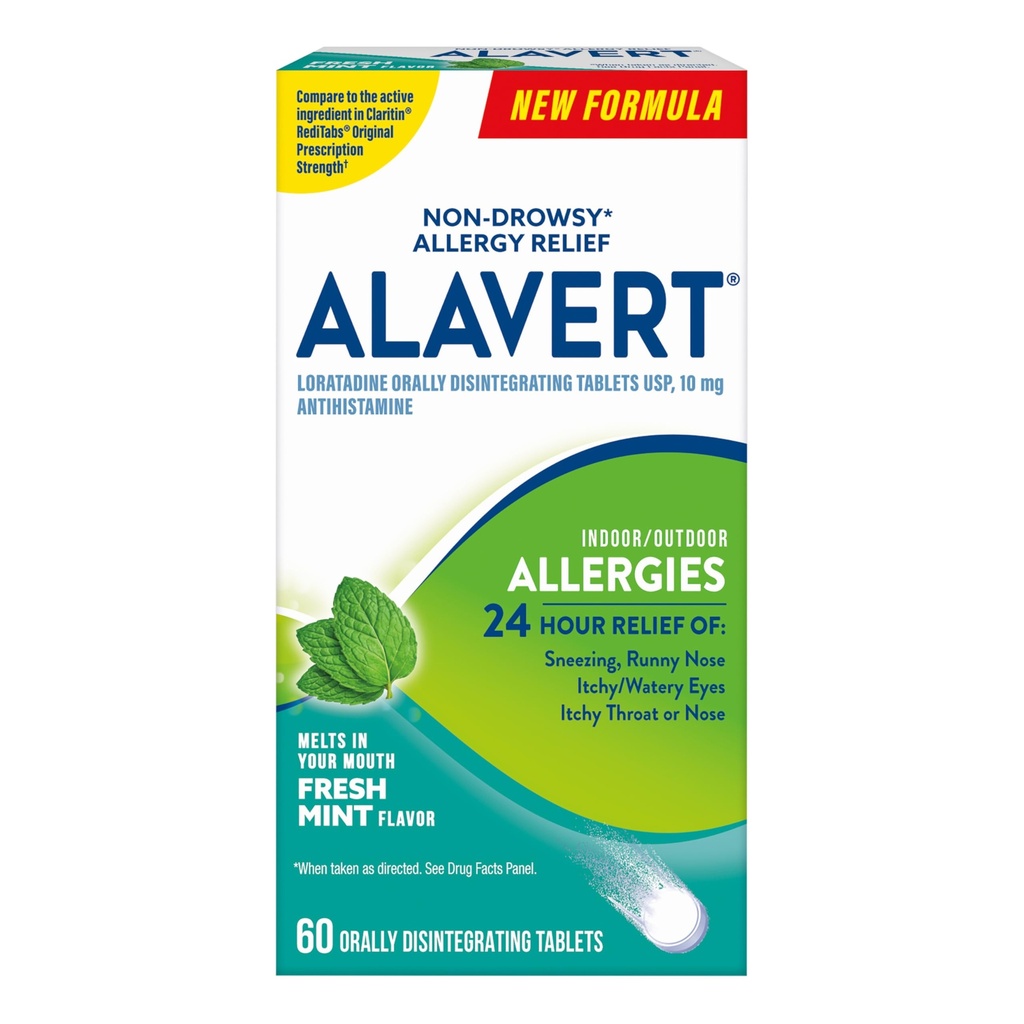 Alavert Alergia 24 Ore Relief, aroma de menta proaspata, Dezintegrarea orala tablete de alergie, Antihistamina non-drowsy, Loratadină 10mg, 60 Conte