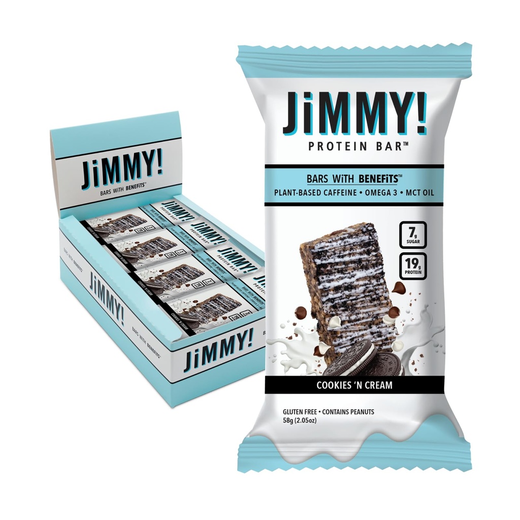 JiMMYBAR! - cookie-uri N Cream Proteine Baruri 19g Proteine Bar - 7g Zahăr scăzut - 12 Conte - 58g Baruri de sănătate - Snack funcțional cu ingrediente alimentare reale - Ciocolată de mână - Made With Real Peanuts