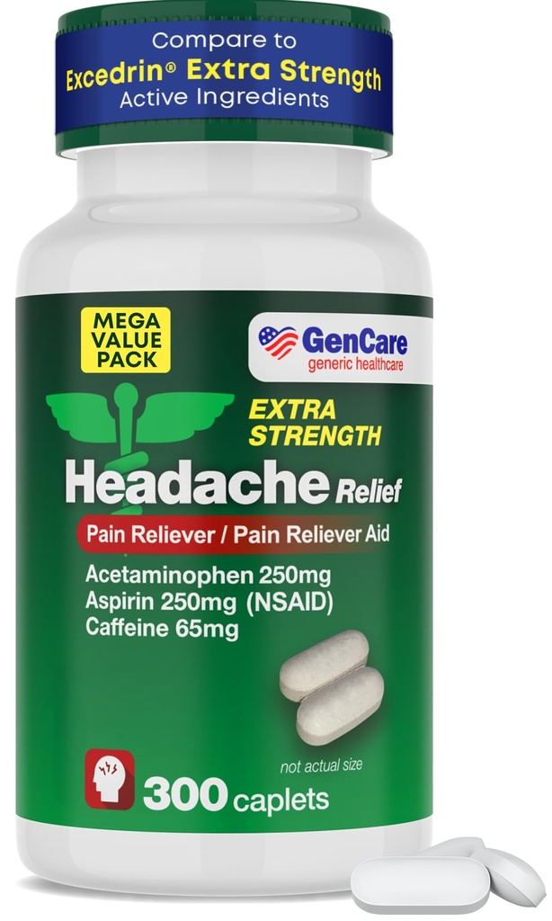 GenCare - Dureri de cap Relief Acetaminofen cu aspirina (AINS) și cafeina (300 Capleți) Pachet de valoare 