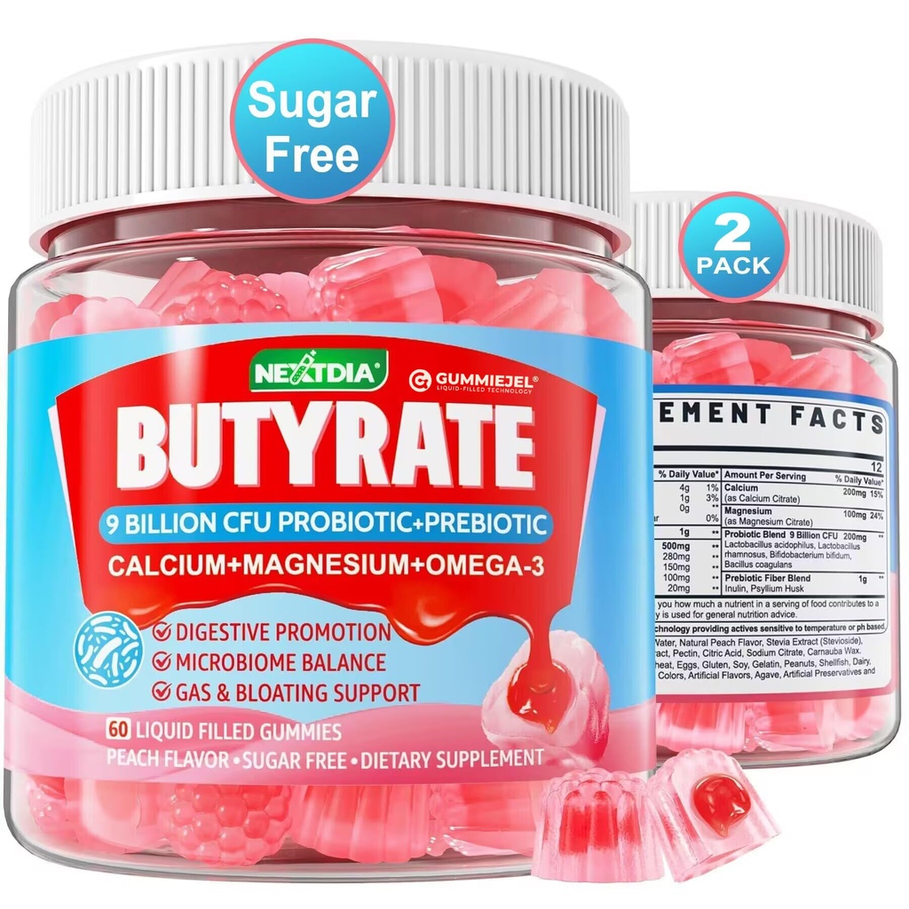 Butirate Gumies cu Probiotic + Prebiotic + Postbiotic, Omega-3 500mg,9 miliarde CFU Probiotice cu fibre, calciu și magneziu, Inulin,Psyllium Husk pentru sanatate digestiva,Suport Blooting,Sugar gratuit