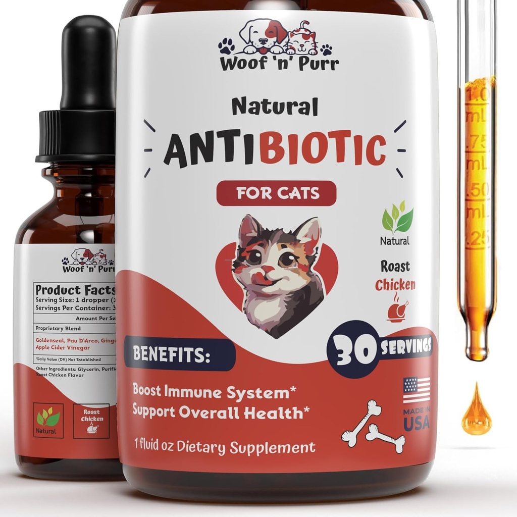 Antibiotic Cat Natural - Antibiotice pentru pisici - Antibiotice Pet - Antibiotice Cat - Alergie Cat Relief pentru pisici - Antibiotic pentru pisici - Pisica Antibiotice UTI - 1 oz flo: aroma de pui prăjit