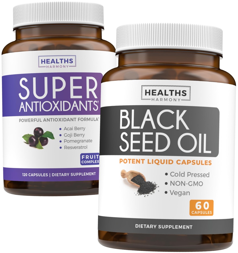 Antioxidanți și ulei de semințe negru (1-Lonth Supply) Super Antioxidant Supliment cu Acai Berry, Goji Berry, rodie & Trans Resveratrol (120 capsule) și ulei de semințe negru (Non-GMO & Vegan) 60 capsule