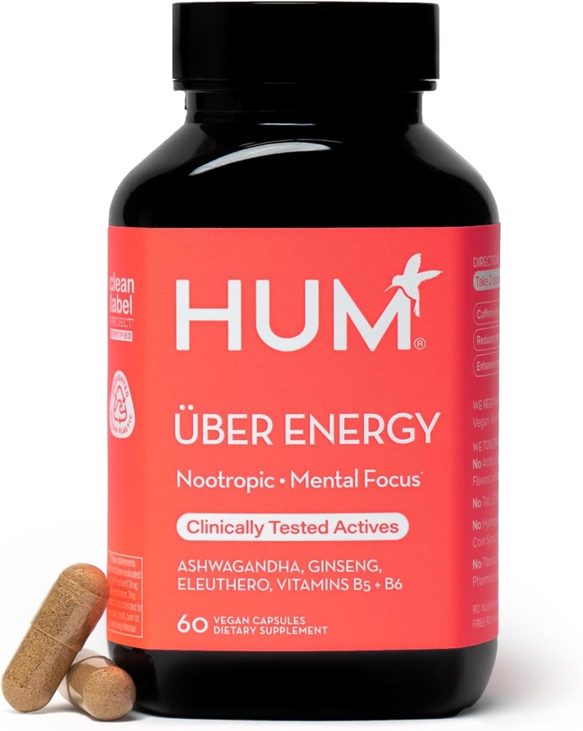 HUM Uber Energy Adrenal Energy Supplement with Ashwagandha Root, Ginseng, B Vitamine, Vitamina B6, B5 și Adaptogens, Suplimente pentru Adaptal Fatigabilitate Suport, 60 Capsule Vegan