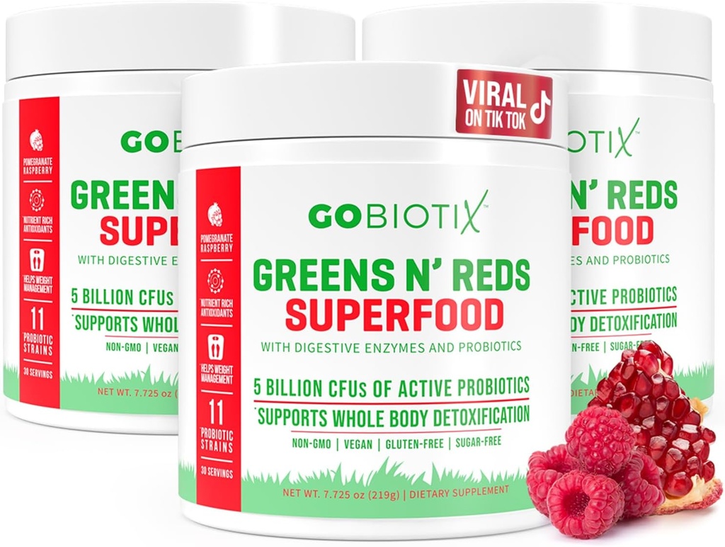 GOBIOTIX Super Greens și Reds Pulbere - Superfood roșu și verde - Supliment probiotic - Enzime digestive și pudră de sfeclă - Alimente organice întregi Supliment alimentar (Pom Raspberry, 3 Pack)