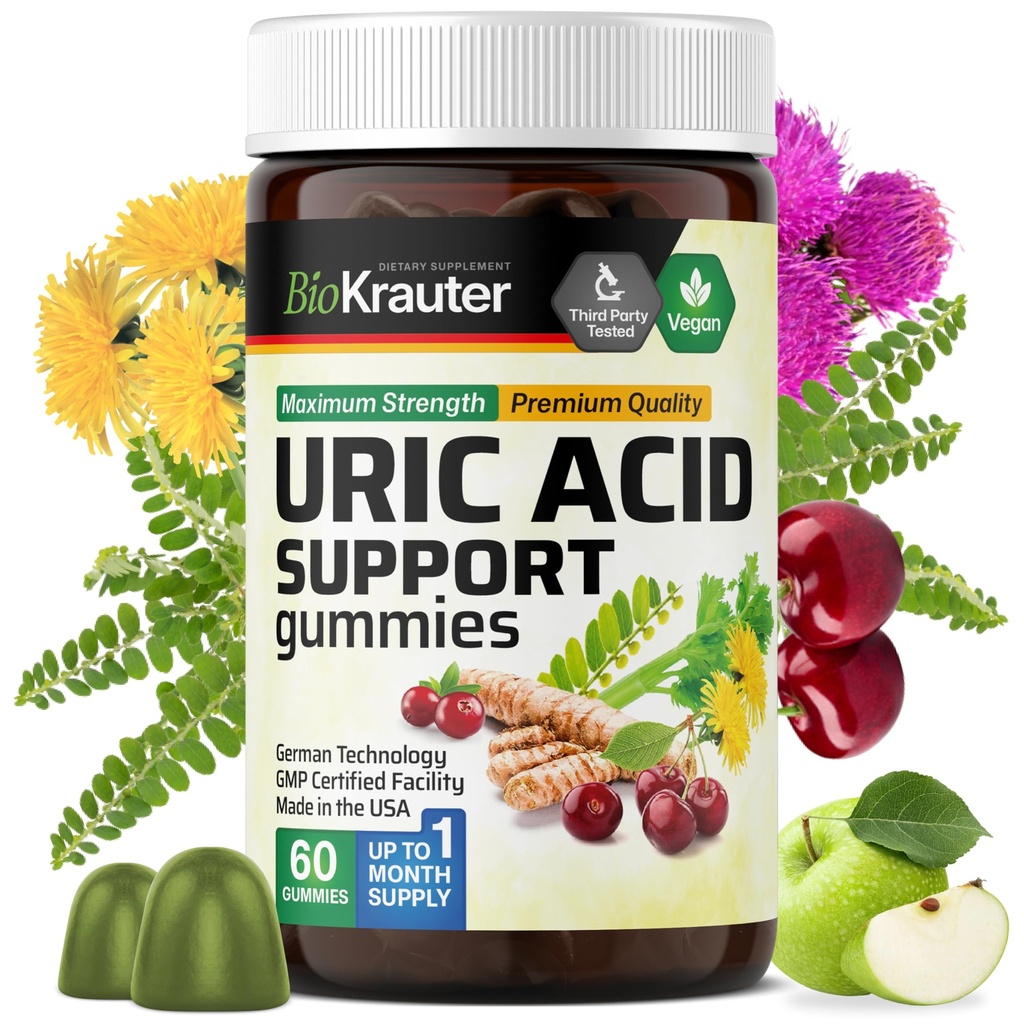 BIO KRAUTER Uric Acid Support Gummies - 60 Vegan Chews - Uric Acid Support w/Tart Cherry & Chanca Piedra 4:1 extracte - Supliment renal natural w/Milk Thistle și Turmeric