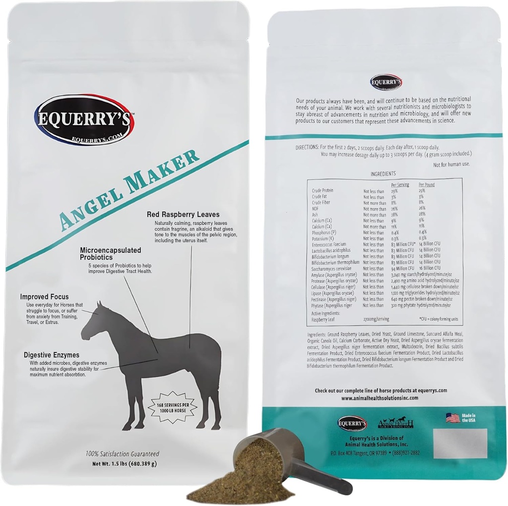 Equerry's Angel Maker, Raspberry Leaf, Microcapsulate Probiotice Supliment pentru Cai Ulcer Tratamentul & Digestive Health Calmness & Focus, 1.5lb.