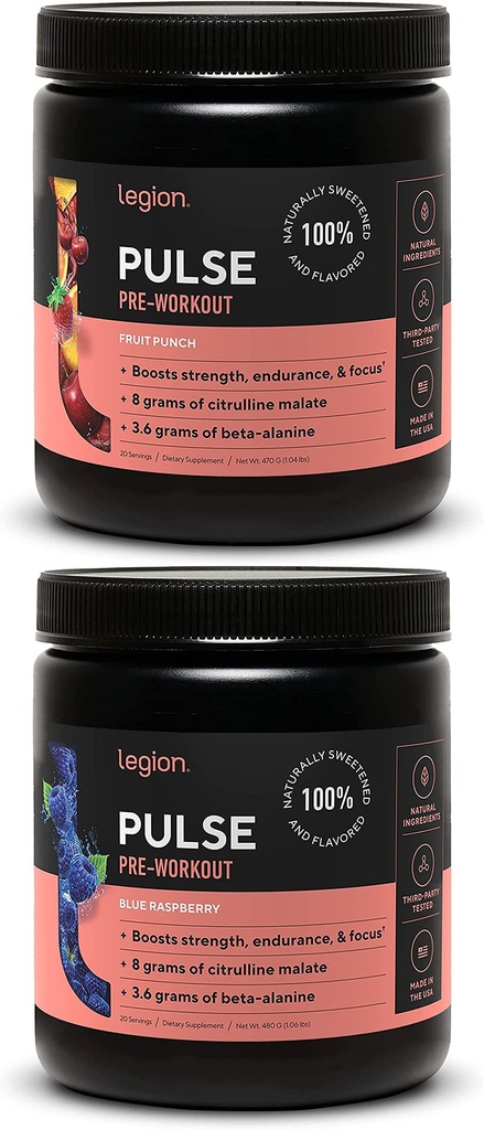 LEGION Pulse Pre Workout Supliment - Toate naturale oxid nitric Preworkout băutură pentru a stimula energia, Creatine gratuit, natural îndulcit, Beta Alanine, Citrulline, Alpha GPC (Frut Punch & Blue Raspberry)