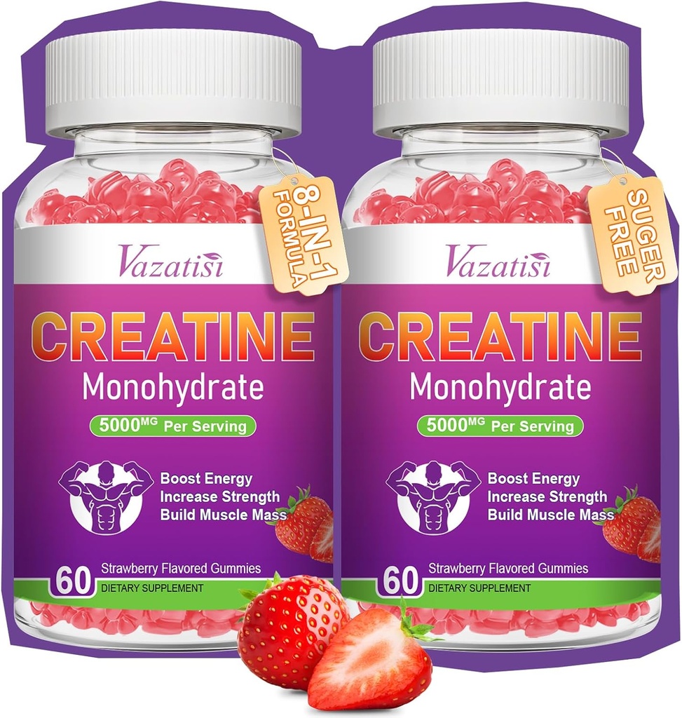2 Pack Creatină Monohidrat Gummie pentru femei și bărbați, Sugar Free Vegan Creatin Supliment pentru construirea de mușchi, Creșterea energiei și puterea, aroma de căpșuni naturale, 120 Conte