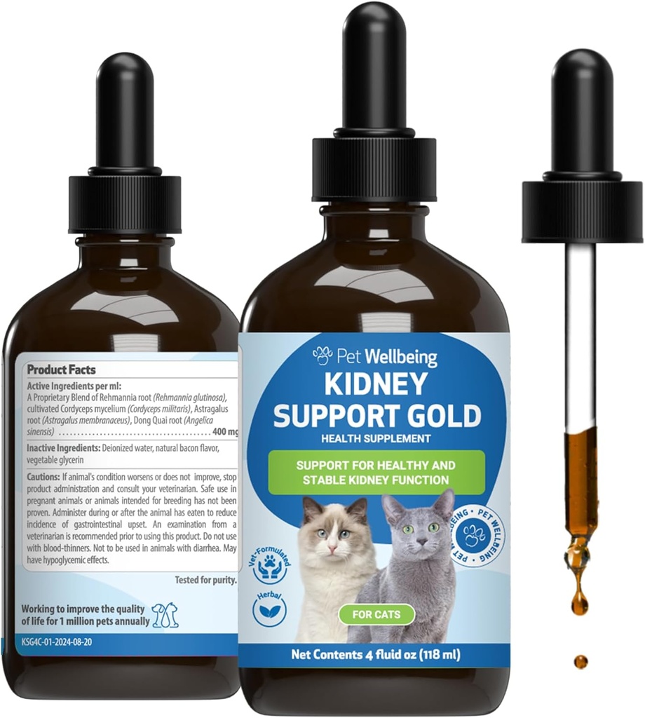 Pet Wellbeing Rinichi de sprijin de aur pentru pisici - Suporte Functie renala sanatoasa, Balanta de fluide, Nivele energetice, Rehmannia, Dong Quai - Suplimentul Herbal veterinarian-Format 4 oz (118 ml)