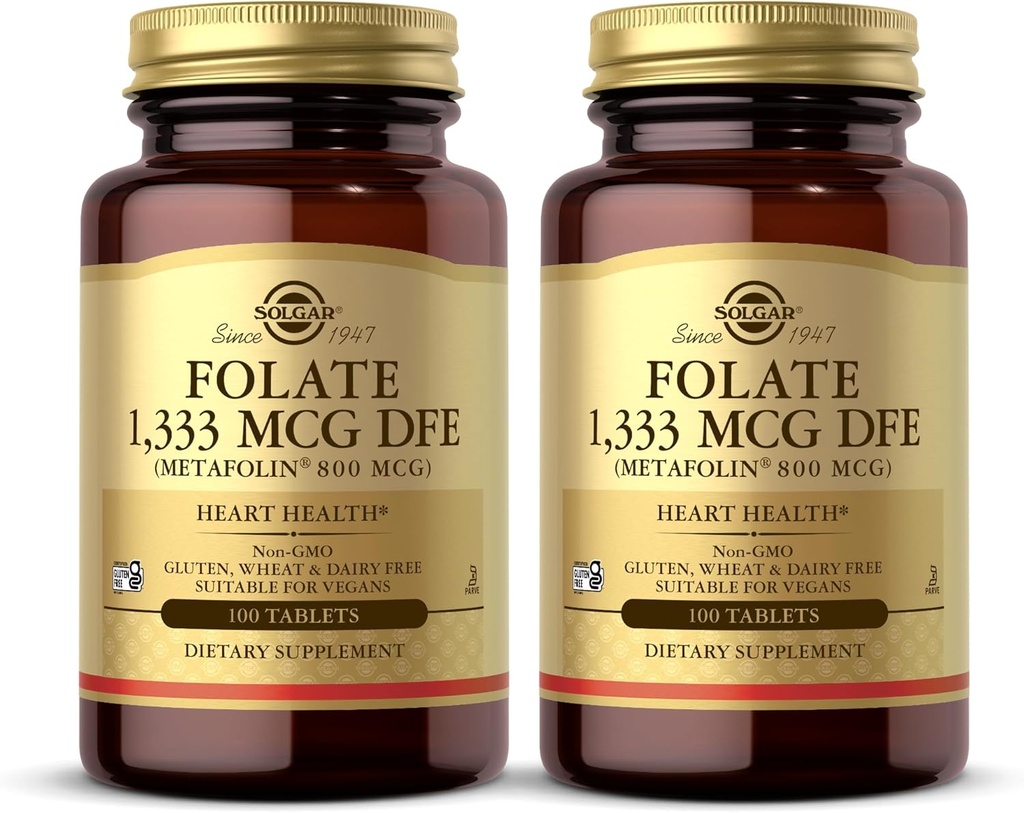 Solgar Folate 1,333 mcg DFE (Metafolin 800 mcg) - 100 comprimate, Pachet de 2 - Vitamină prenatală - non-GMO, Gluten Free, Dairy Free, Kosher - 200 Serviri totale