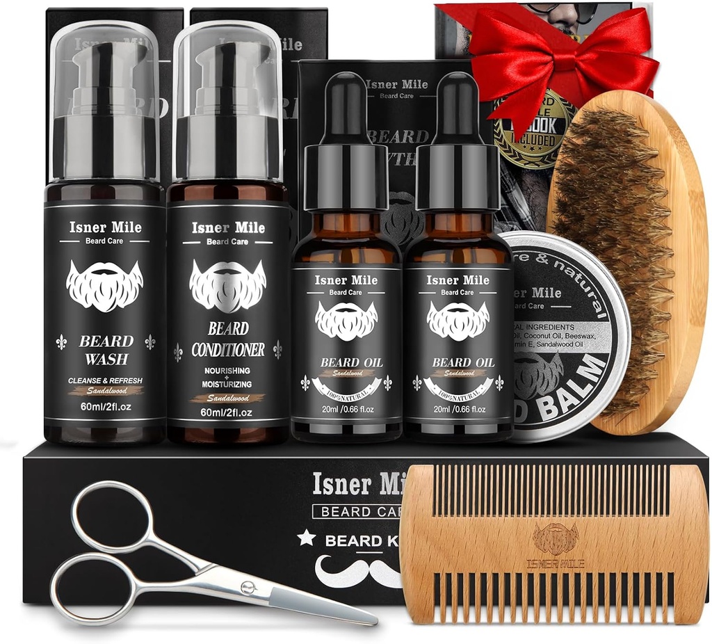 Kit barbă pentru bărbați Grooming & Care: cu 2 ambalaje uleiuri de barbă și balsam - spălare și balsam pentru după ras Loțiuni Sandalwood, Perie și pieptene Seturi cu foarfece, Cadouri părinți Valentine pentru tata / Men / Him