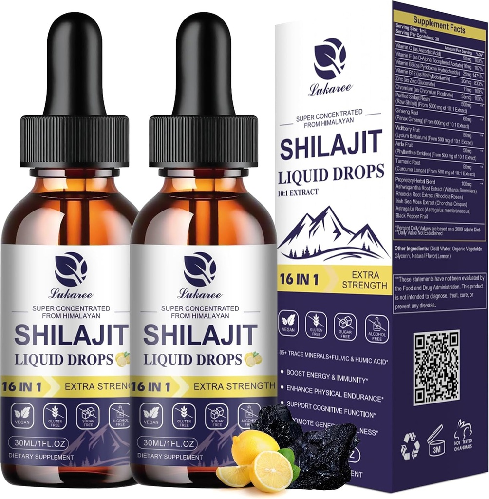(2 ambalaj) Shilaj pentru bărbați și femei, 16-in-1 picături Shilaj lichid, Trace Minerale, Ginseng, Turmeric, Ashwagandha, Immune Support, Energy Boost & Joint Health, 2 FL. Oz