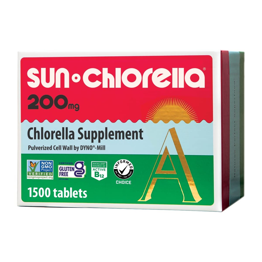 Sun Chlorella 200 mg Green Algae Superfood Supliment - Pulverized Cell Wall - Clorofill, CGF, Active B12, Fier, Proteine - Non-GMO - 1500 Comprimate