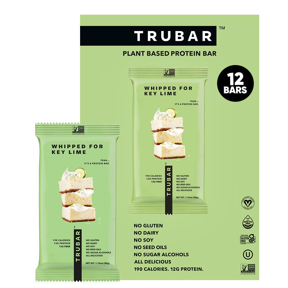TRUBAR Vegan Bar de proteine, îndesat pentru Lime cheie, Gluten gratuit, pe bază de plante, Fibră mare, Dairy Free, Fat scăzut, Non OMG-uri, fără alcool zahăr, 12G Proteina Lean, 13G Fibră, Snack Baruri sănătoase, 12 CT