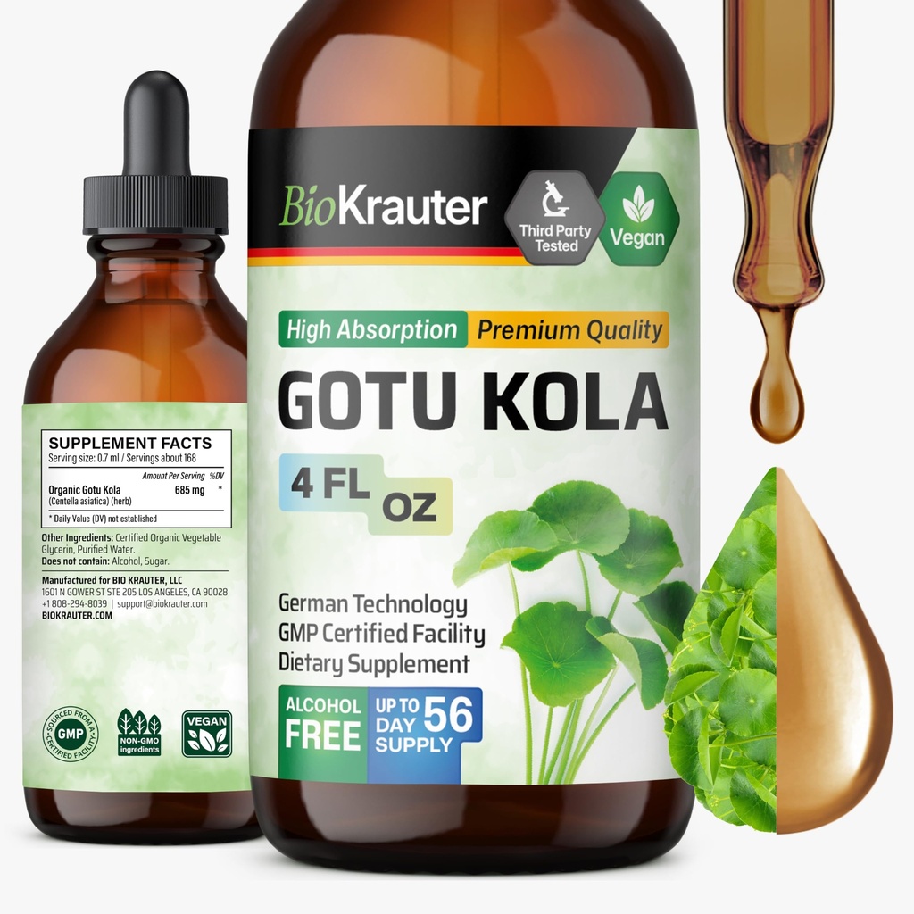 BIO KRAUTER Gotu Kola Tincture - Centella Asiatica Extract - Alcool și zahăr gratuit Gotu Kola Extract - Picături Vegan 4 Fl.Oz.