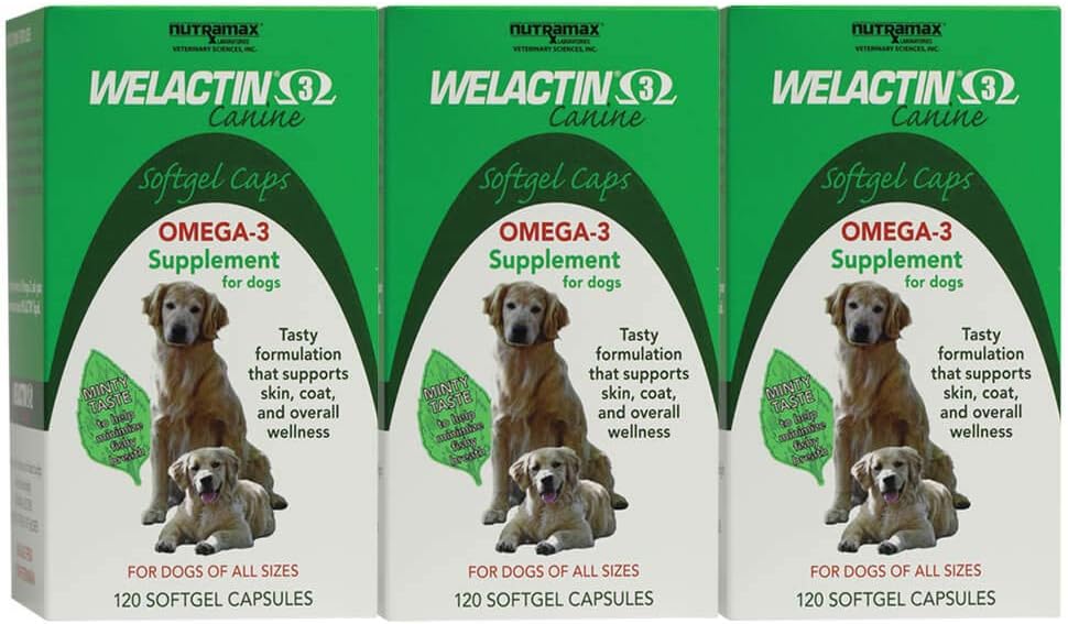 Nutramax Welactin Omega-3 Peste ulei de piele si haina de sanatate supliment lichid pentru câini - 3 pachet, 360 Total Softgels