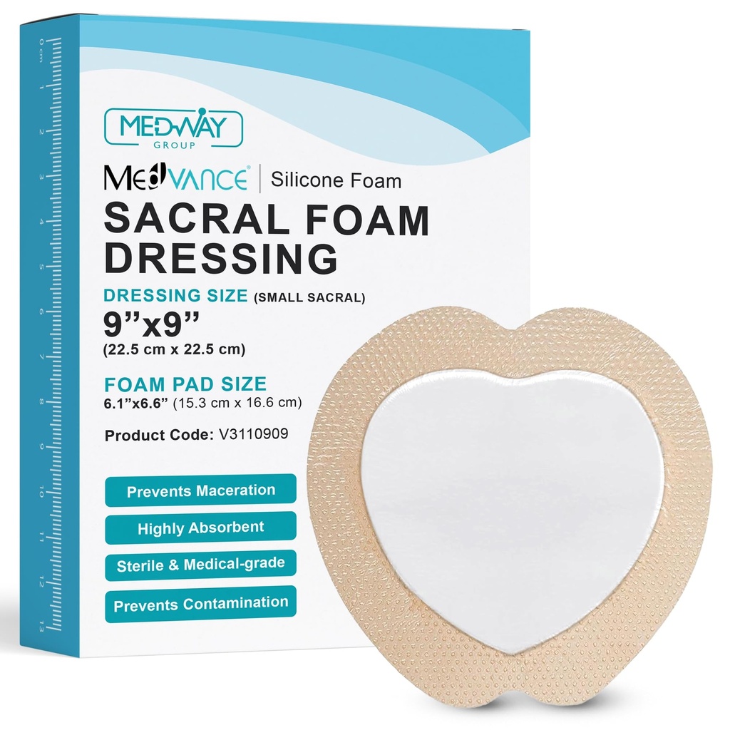 MedVance TM Silicon - Silicon bordurat Sacral Adhesive Foam Dressing, Bandaj de tratament Bed Sore pentru Sacrum, Dimensiune 9"x 9" (6,1" Pad x 6.6" Pad), Cutie de 5 pansamenturi