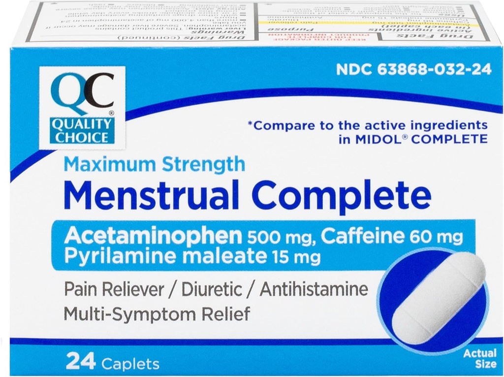 Alegerea de calitate Menstrual Complete Max Perioada de putere Relief durere, 500 mg de Acetaminofen, 60 mg de Cafeina, 15 mg de Pyrilamine Maleat, Cramps, Bloating, Cefalee. 24 Conte.