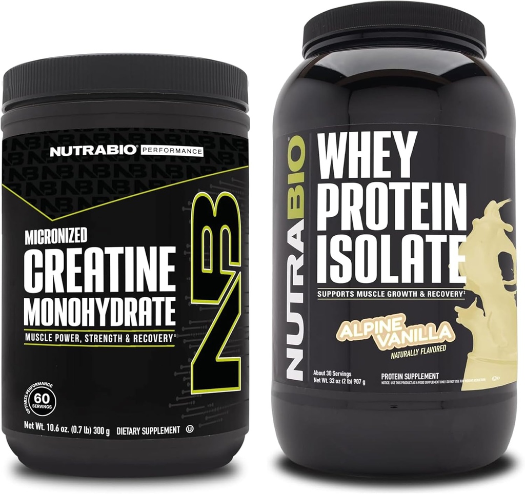 NutraBio Creatina Monohidrat, Neflavorat, 300g și Whey Proteine Izolat, Vanilie alpină, Supliment Bundle - Energie musculară, Creștere musculară Lean, Recuperare și Putere