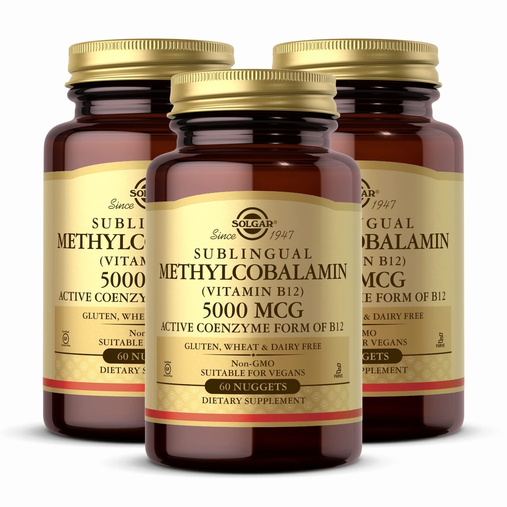 Solgar Metilcobalamină (Vitamina B12) 5000 mcg, 60 Nuggets (Pachet de 3) - Aroma de cireșe - susține metabolismul energetic - Body-Ready, Forma activă - Non-GMO, Vegan, Gluten Free - 180 Total Servings