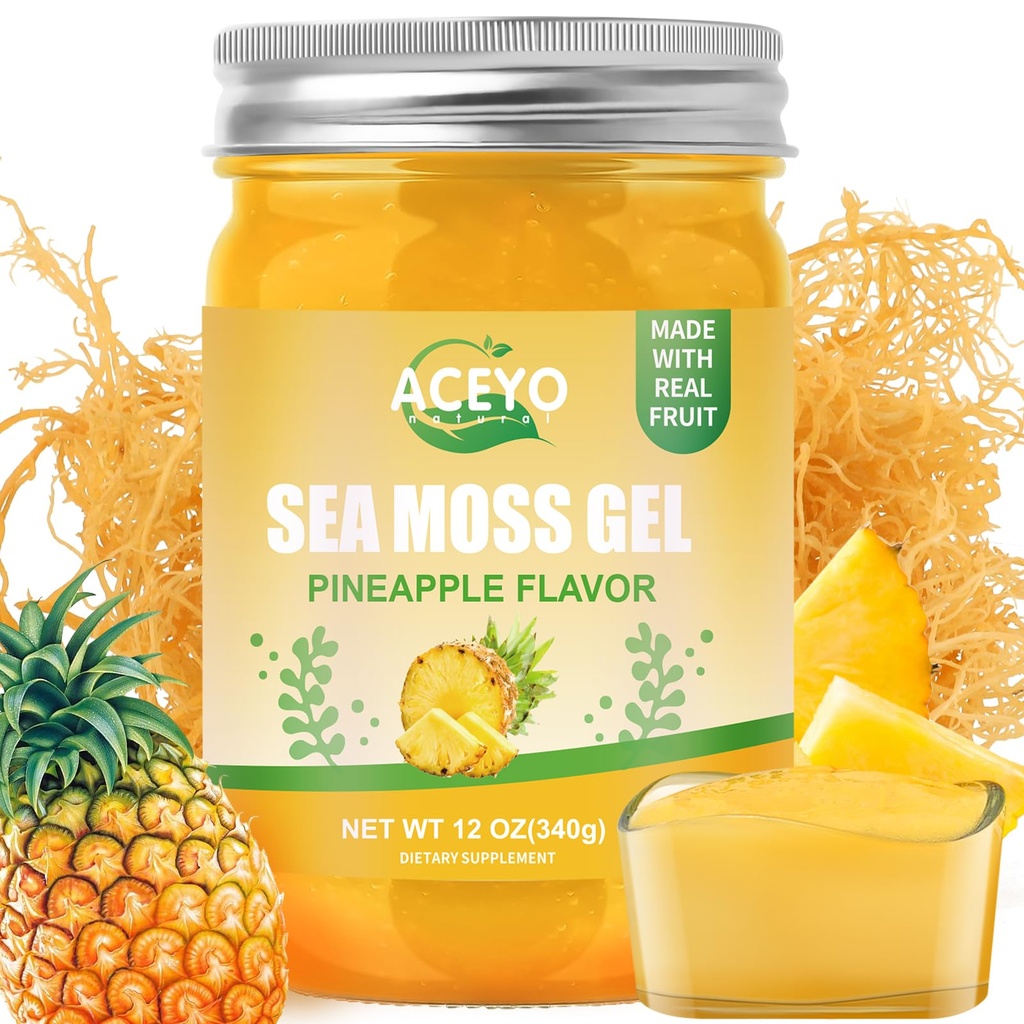 ACEYO (12 OZ Irish Sea Moss Gel Raw Vegan Ananas Flavor 102 Vitamine și Minerale Wild Harvested Non-GMO Immune Defense Booster tiroida suport digestiv