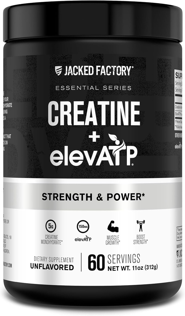 Creatina Fabrica Jacked + ElevaTP - Creatina monohidrat pulbere pentru cresterea muschilor, Putere crescuta, Enhanced Energy Output, cu ElevaTP pentru energie sustinuta si rezistenta - 60 serviri, nearomatizate