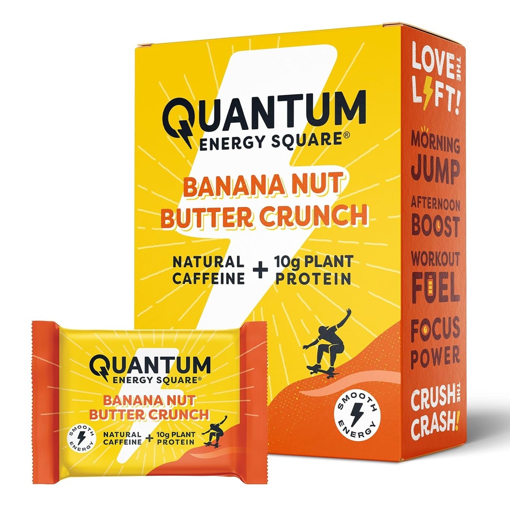 Quantum Energy Square: Energy Bar cu Cafeina & 10g Proteine. Delicious Sanatos Snack On The Go. (Vegan, Gluten-free, Soy-free, Dairy-free) - Banana Nut Butter Crunch 8Pk