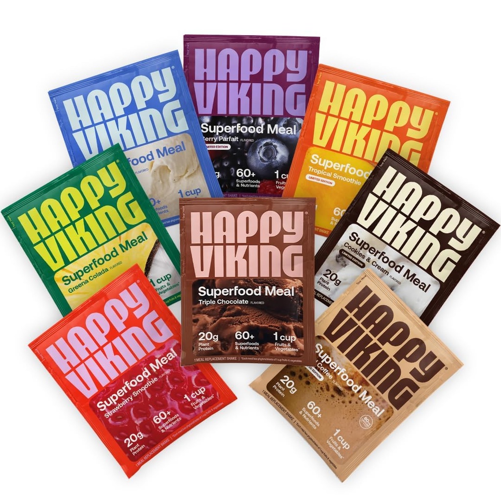 Happy Viking Pack Pudră de proteine de plante, creat de Venus Williams, 20G Proteine, Carb scăzut, Keto, Vegan, Gluten-Free, non-GMO, Superfoods, Înlocuire completă masă, 8 Pachete de servire