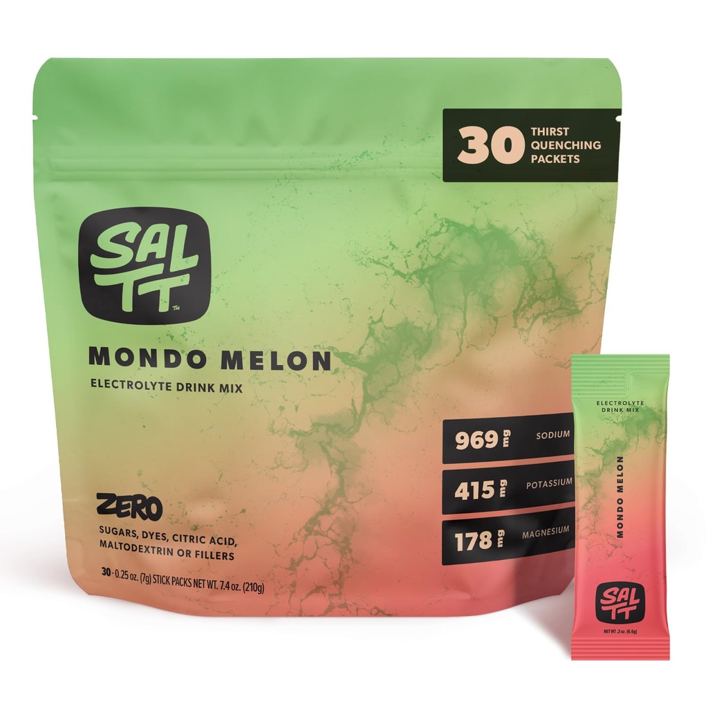 SALTT Electroliţi pulbere amestec de băuturi aromate - Mondo Melon - 30 Pachete de hidratare - Magneziu, Potasiu, Sodiu, Minerale Trace - Zero Zahăr & Gluten Free - Essentials de călătorie
