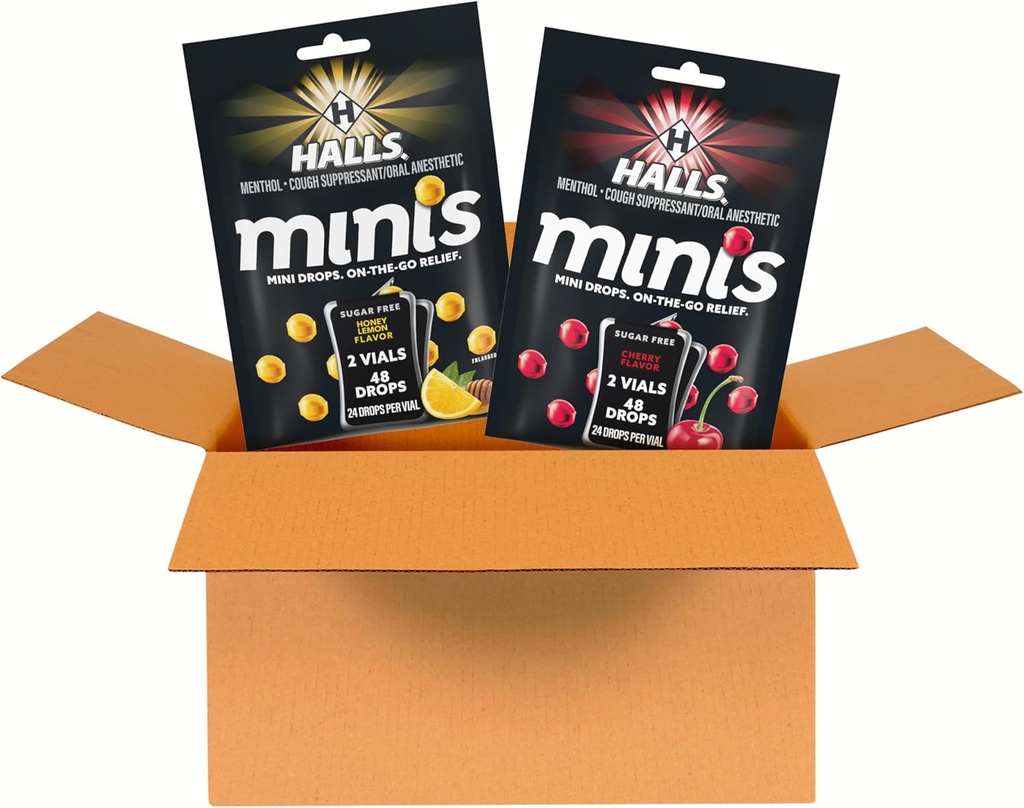 HALLS Minis Cherry and Honey Lemon Sugar Free Cough Drops Variety Pack, 2 Bags, 4 Packs (96 Total picături)
