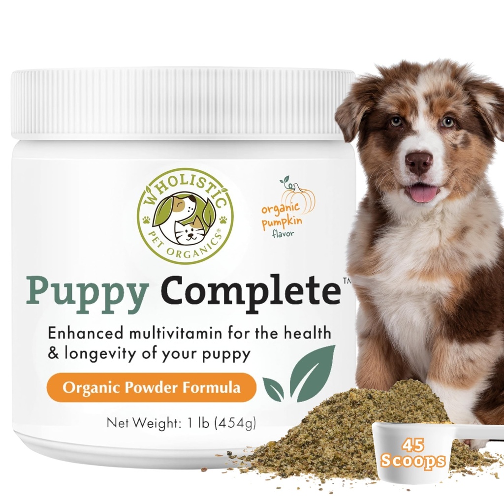 Wholistic Pet Organics Puppy Complete - Dog Multivitamine pulbere - 1 Lb - Daily Dog Vitamine & Suplimente pentru alimente de casă - Sistem imunitar, Piele, Haină & Sănătate generală - Cățeluși mici și mari rasa