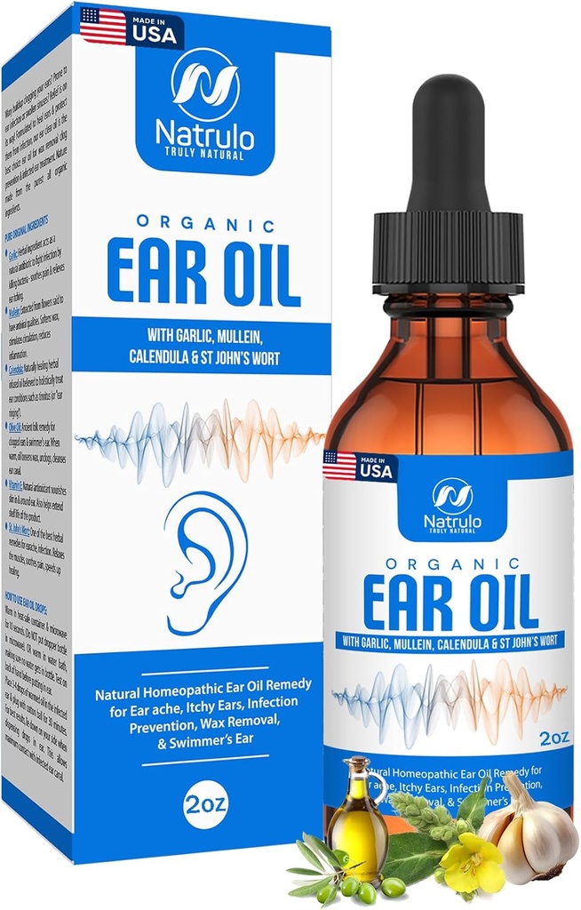 Ulei de ureche organic pentru infectia urechii - picaturi naturale pentru prevenirea durerilor de ureche, indepartarea urechii si ceara inotatoare - Copii, Adulti, Baby, & Dog Earache Remedy - cu Mullein, Usturoi, Calendula Made in USA (2 Oz)