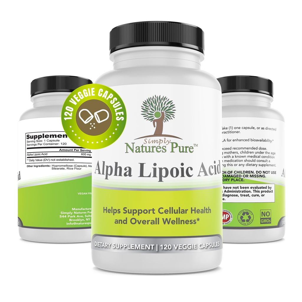 Pur şi simplu naturi Pure Alfa Acid lipoic 600 mg 120 Capsule vegetale, non-GMO Acid tioctic 4 lună de aprovizionare
