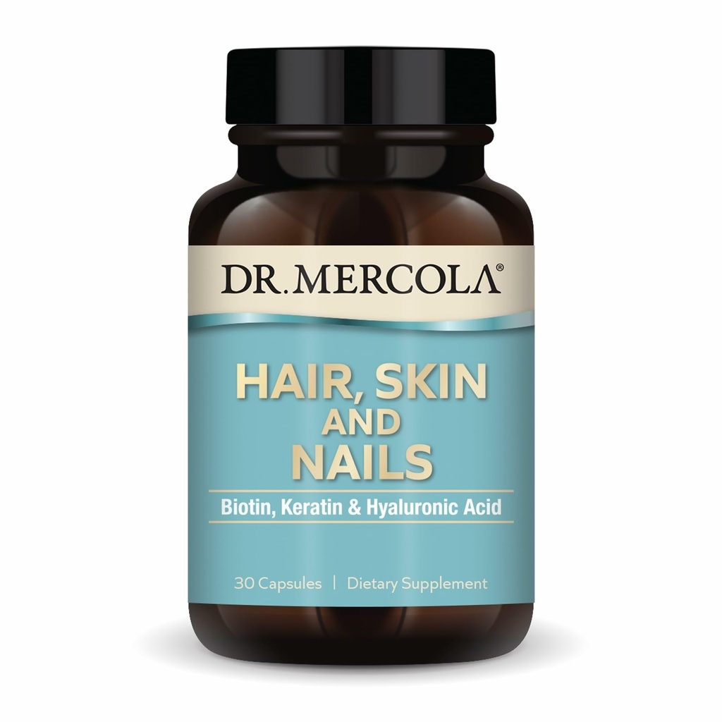Dr. Mercola Hair, Piele şi Nails - Oferă Biotin, Keratin & Acid hialuronic - Calitatea Premium - Sprijină Îmbătrânire sănătoasă - Non-GMO, Gluten-Free & Soy-Free - 30 capsule (30 Servings)