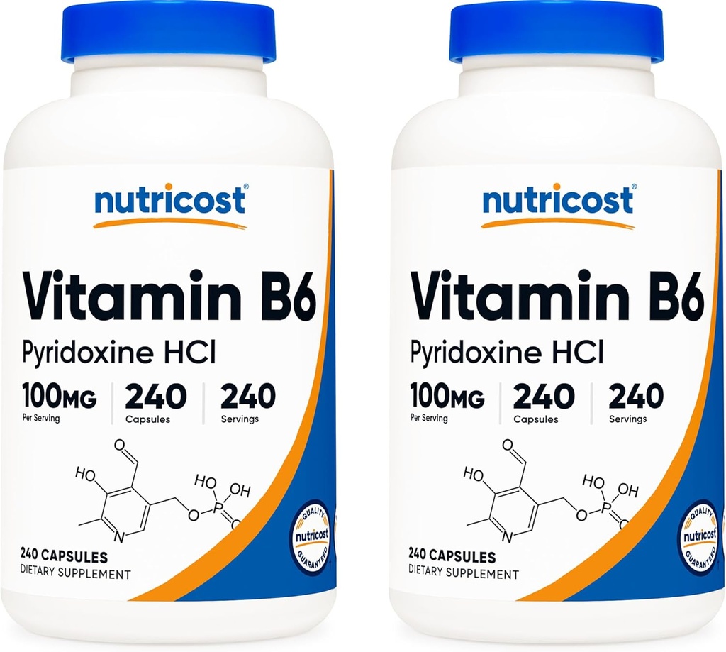 Nutricost Vitamina B6 (Piridoxină HCl) 100 mg, 240 capsule (2 flacoane)