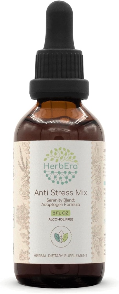 Anti Stress Mix B60 Extract fără alcool Tinctură, Eleuthero Root, Rhodiola Root, Schisandra Berry, Gotu Kola Herb, Sfântul Basil Herb. Serenity Blend: Adaptogen Formula 2 Fl Oz