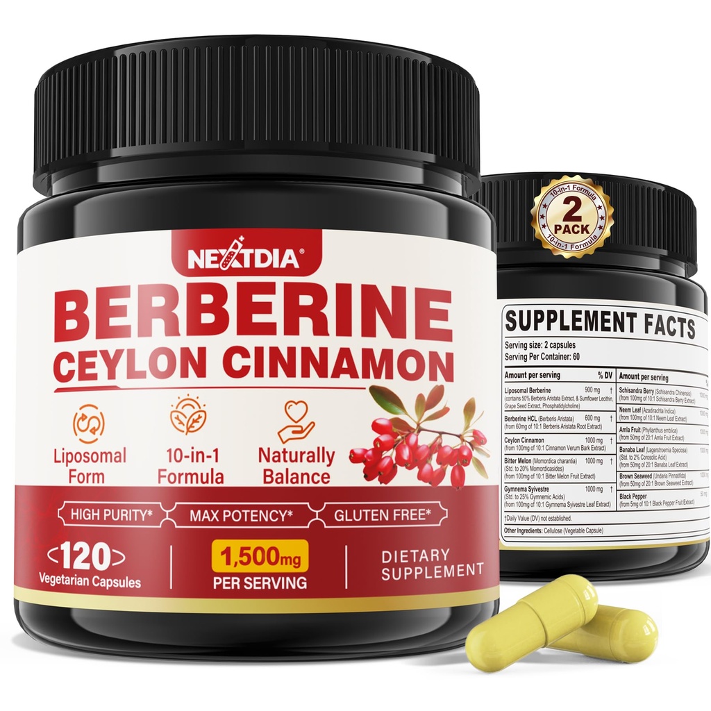 2 ambalaj 1500 mg Liposomal Berberine HCL cu Ceylon Cinnamon Bitter Melon, Organic Berberine Complex Suplimente cu Banana Leaf, Suporturi Imune & Digestion - Vegan 240 capsule