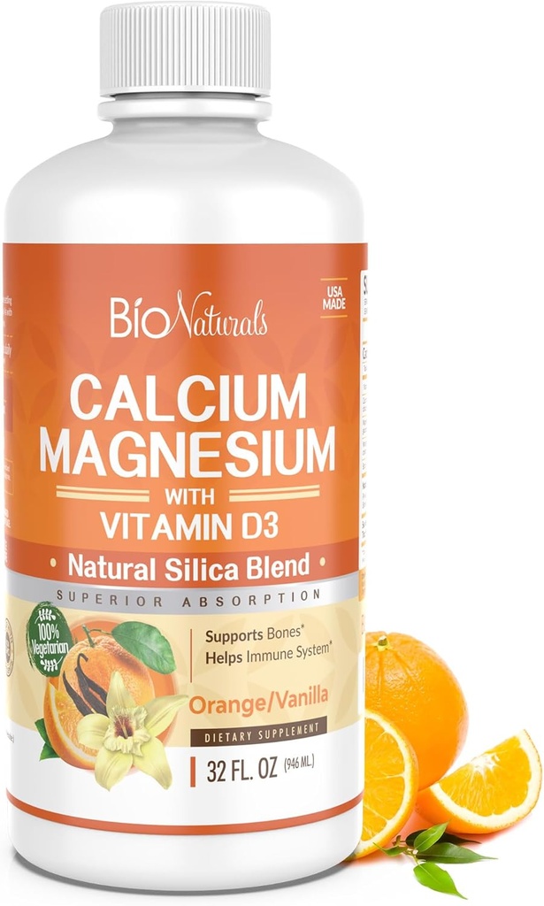 Bio Naturals Calciu si Magneziu Supliment lichid cu vitamina D3 - Formula naturala, Patru tipuri de calciu suporta oase puternice cu absorbtie superioara la pastile - 100% vegetarian - 32 fl oz