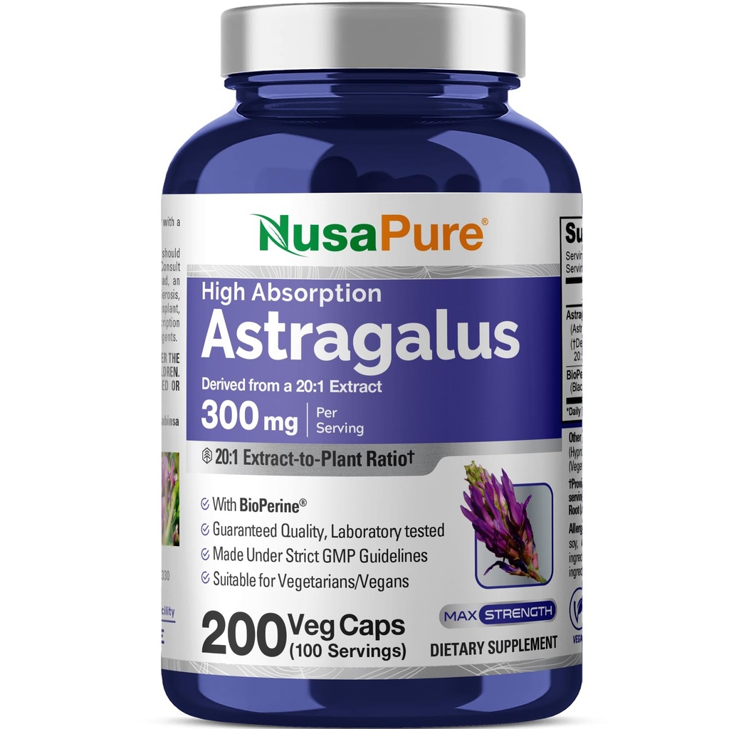 NusaPure Astragalus 20:1 Extract, 300 mg echivalent cu 6000 mg per Serving, 200 Capsule Veggie, Non-GMO & Bioperine