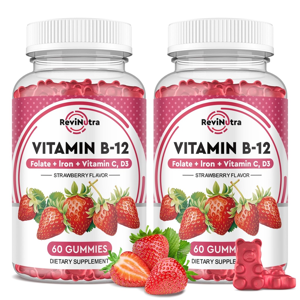 Vitamina B12 Complex Gummies - 5000 mcg Metilcobalamină cu fier, vitamina C, D3 & Folate, suport energetic & metabolice, imun, B-12 Suplimentul masticabil pentru bărbați și femei, aromă de căpșuni, 2 ambalaj