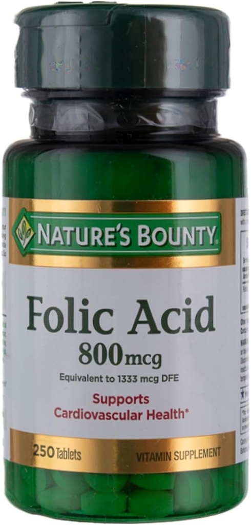 Acid folic de bounty al naturii 800 mcg Tablete Putere maximă 250 Count (Pachet de 6)