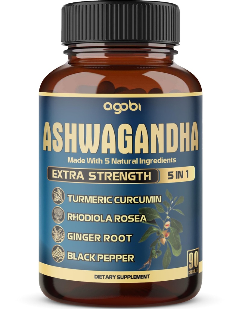 Capsula de extract Ashwagandha - Putere mare - 5in1 Blended Ginger, Turmeric, Rhodiola Rosea & Black Pepper - 90 capsule pentru 3 luni - Putere, Spirit și sprijin imunitar