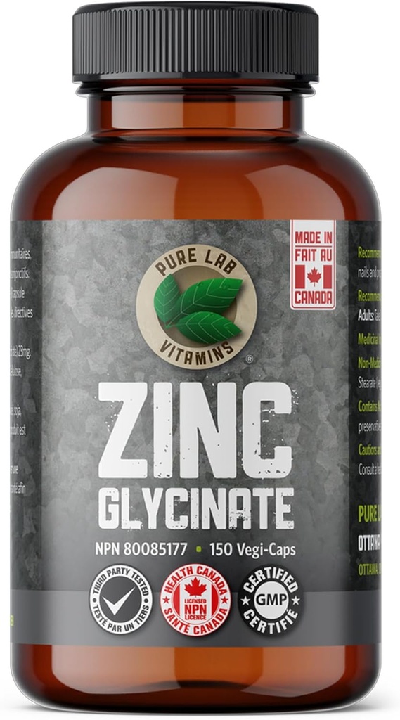 Glicinat de zinc 23 mg Supliment - 150 Capace Vegane de vitamine pure de laborator - Aminoacid sare pentru piele sanatoasa si unghii - Suporturi Sistemul imunitar, prostata, viziune - Made in Canada