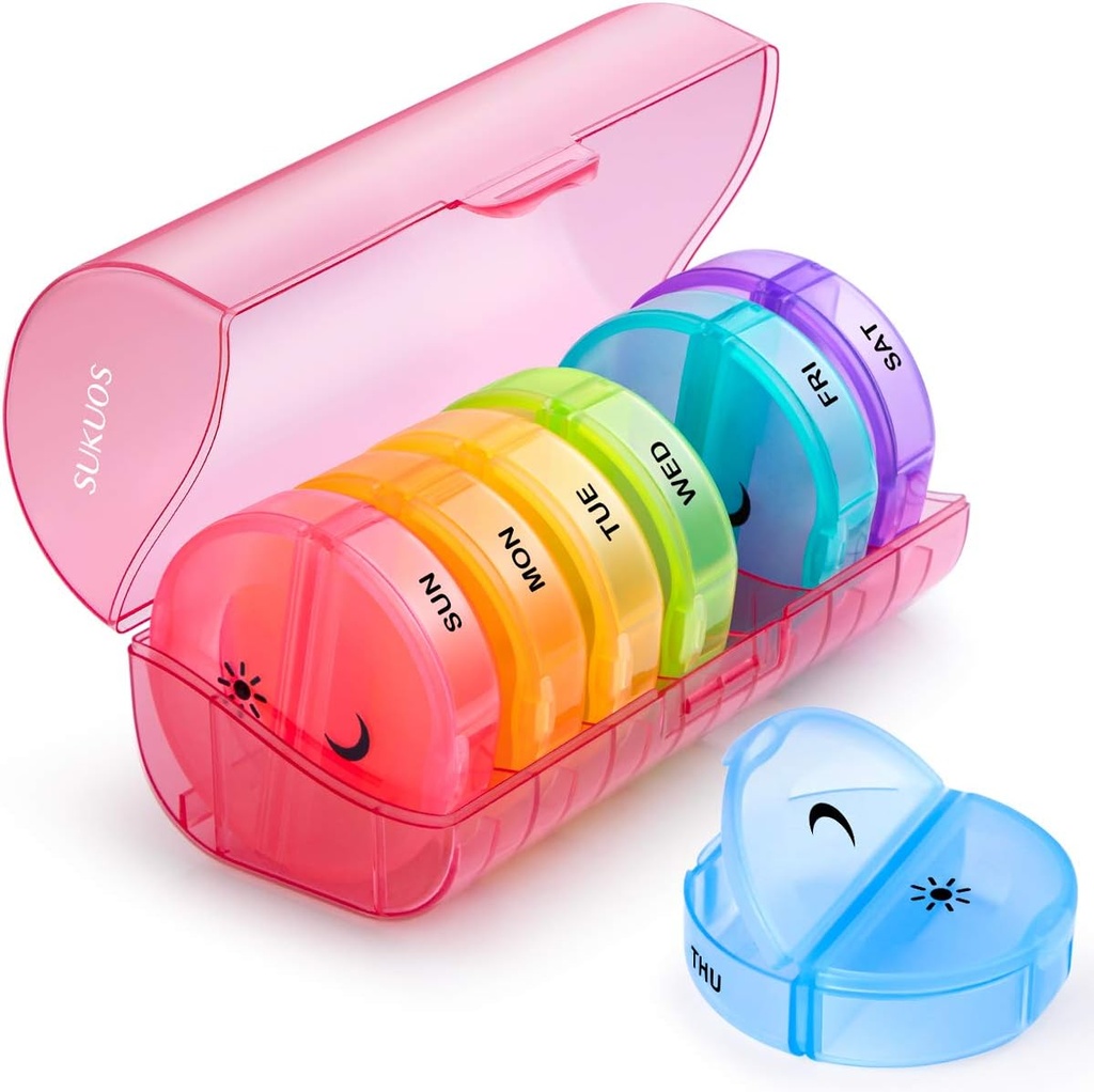 Sukuos Large Weekly Pill Organizator 2 ori pe zi, Daily Pill Box 7 zile Easy to Open with Dublu Protection, AM PM Pilula Case pentru Medicina/Vitamin/Fish Oil/Supplements (Red)