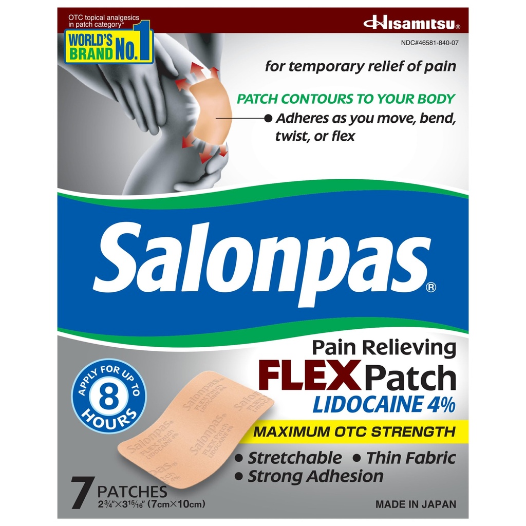 Salonpas Putere OTC Maximă Lidocaină 4% Durere Relieving FLEX Patch, Aplicați pentru până la 8 ore, Nesolicitat, Subțire, Flexibil, Lightweight, Patch rămâne în loc, 7 Patch-uri